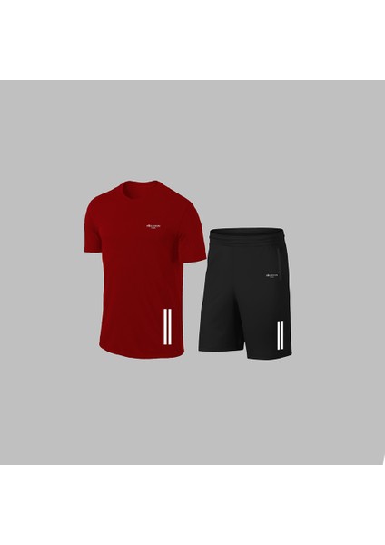 Yeni Seri Büyük Beden Erkek Bordo Dri-Fit Kumaş Yuvarlak Yaka Cepli Şık Konforlu Tişört Şort Seti 4XL-10XL