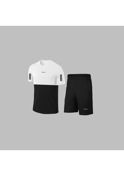 Erkek Beyaz Dri-Fit Kumaş Koşu Için Konforlu Cepli Sıfır Yaka Tişört Şort Ikili Alt Üst Seti S-3xl