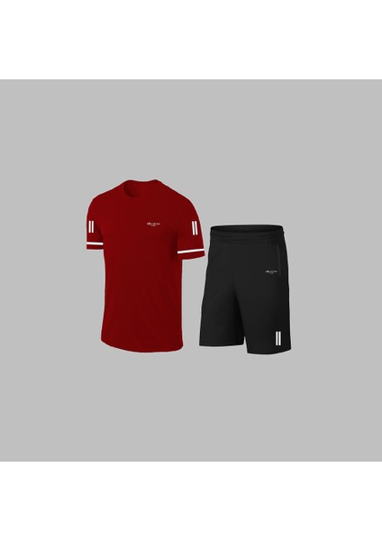 Erkek Bordo Dri-Fit Kumaş Günlük Rahat Kısa Kol Tişört Şort Spor Takım Seti S-3xl