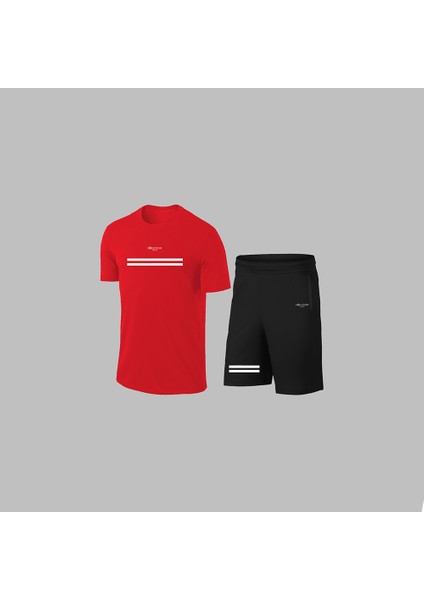 Erkek Kırmızı Dri-Fit Kumaş Baskısız Yuvarlak Yaka Kısa Kol Tişört Şort Alt Üst Takım S-3xl