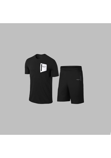 Erkek Siyah Dri-Fit Kumaş Yuvarlak Yaka Cepli Şık Konforlu Tişört Şort Seti S-3xl