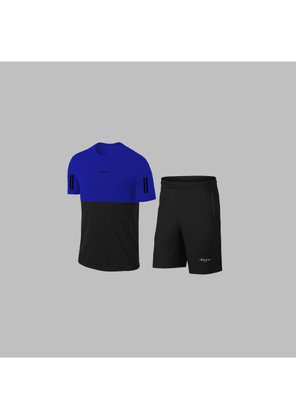 Erkek Mavi Dri-Fit Kumaş Yürüyüş ve Koşu Için Konforlu Cepli Sıfır Yaka Tişört Şort Ikili Alt Üst Seti S-3xl