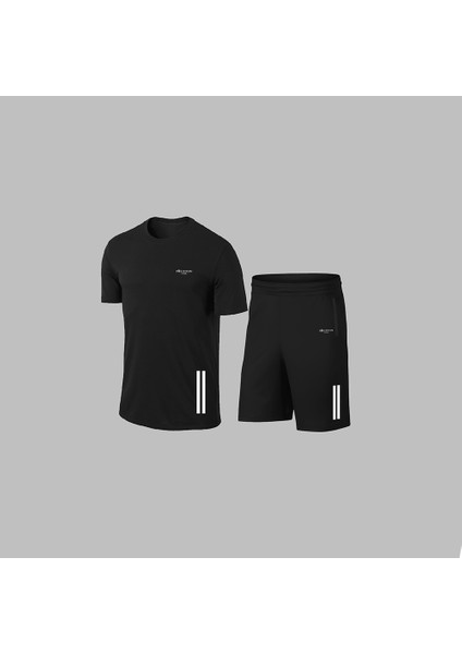 Yeni Seri Büyük Beden Erkek Siyah Dri Kumaş Yuvarlak Yaka Cepli Şık Konforlu Tişört Şort Seti 4XL-10XL