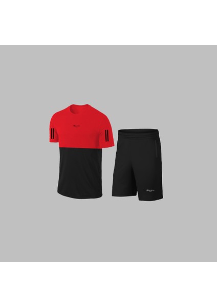 Erkek Kırmızı Dri-Fit Kumaş Cepli Baskısız Bisiklet Yaka Sporcu Tişört Şort Alt Üst Ikili Takım S-3xl