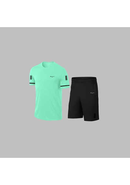 Erkek Su Yeşili Dri-Fit Kumaş Cepli Düz Kısa Kol Konforlu Rahat Tişört Şort Alt Üst Spor Seti S-3xl