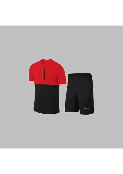 Yeni Seri Büyük Beden Erkek Kırmızı Dri-Fit Kumaş Cepli Baskısız Sıfır Yaka Kısa Kol Alt Üst Takım Tişört Şort Seti 4XL-10XL