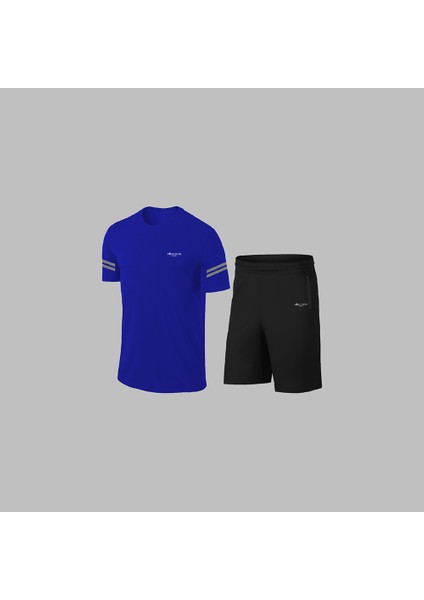 Yeni Seri Büyük Beden Erkek Mavi Dri-Fit Kumaş Yürüyüş ve Koşu Için Konforlu Cepli Kısa Kol Tişört Şort Ikili Takım 4XL-10XL