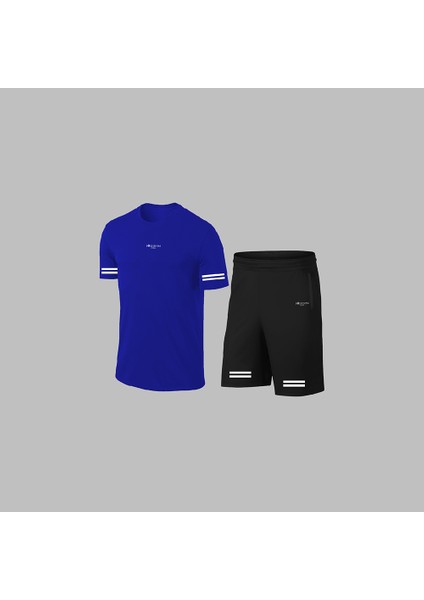 Yeni Seri Büyük Beden Erkek Mavi Dri-Fit Kumaş Antrenman ve Koşu Için Konforlu Cepli Kısa Kol Tişört Şort Ikili Takım 4XL-10XL