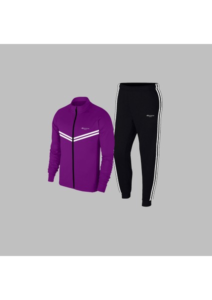 Yeni Seri Büyük Beden Erkek Mor Supra Penye Kumaş Rahat Fermuarlı Kapüşonlu Eşofman Alt Üst Set 4-10XL