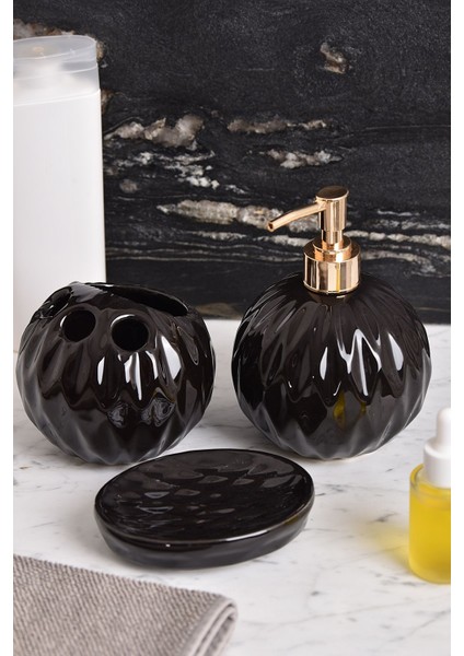 Modern Porselen Banyo Seti, 3 Parça, Siyah Renk, Şık ve Dayanıklı Tasarım