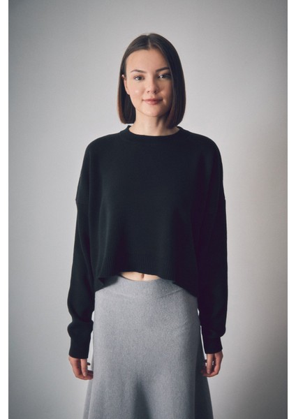 Basic Bisiklet Yaka Oversize Crop Triko Kazak