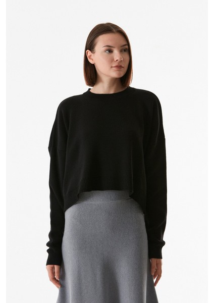 Basic Bisiklet Yaka Oversize Crop Triko Kazak