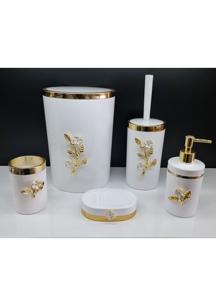 5 Parça Yuvarlak Akrilik Banyo Seti, Beyaz ve Gold Papatya Deseni