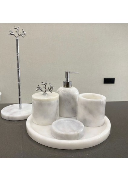 Doğal mermer banyo seti, 6 parçalı, beyaz renk şıklığıyla hayatınıza zarafet katın