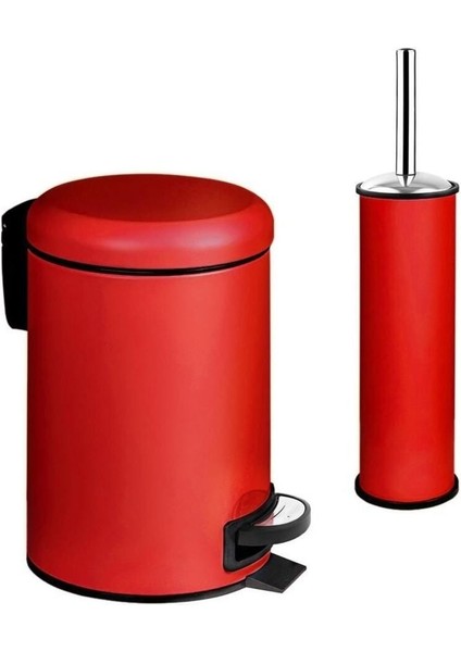 İkili Banyo Seti Paslanmaz - Kırmızı ( 3 Lt Çöp Kovası Tuvalet Fırçası )