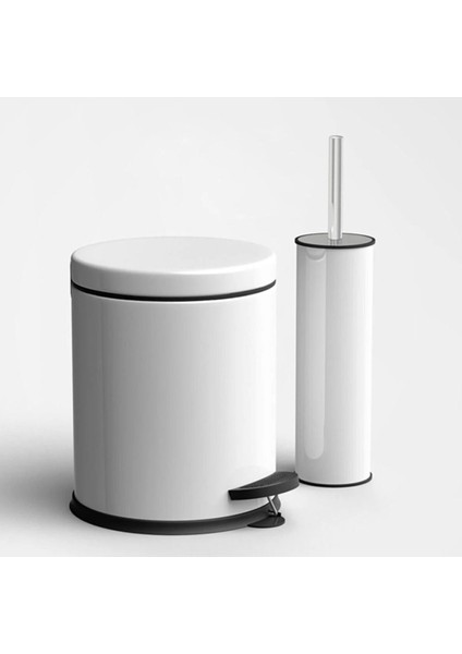 Tekno Trust 5'litre Beyaz 2'li Banyo Seti Pedallı Çöp Kovası Wc Klozet Tuvalet Fırça Seti Banyo Çöp Kovası
