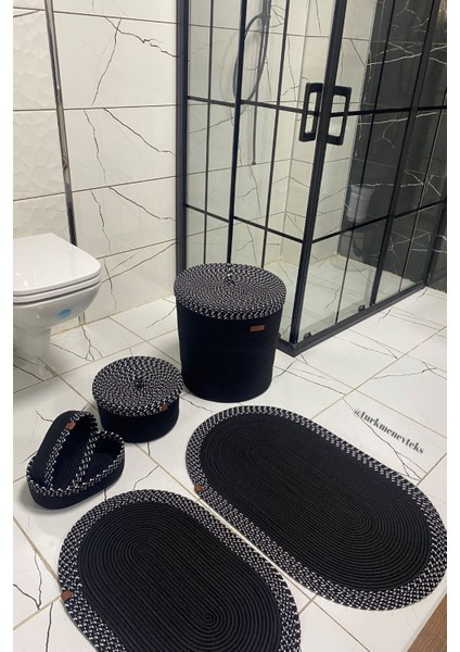 Jüt Hasır Banyo Seti, 6'lı, Siyah, Çamaşır, Paspas, Makyaj ve Kirli Sepeti fiyatları