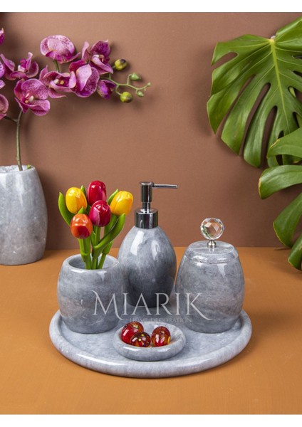 Dekoratif Gri Oval Mermer Banyo Seti Takımı 5'li Aksesuar Detaylı Tasarım Set
