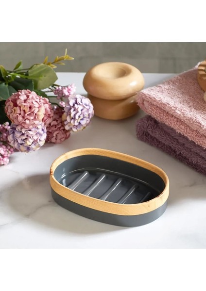 Tekno Trust Limpia Bambu Desenli Gri 5'li Banyo Seti Çöp Kovası Sıvı Sabunluk Diş Fırçalık