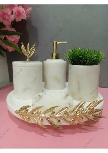 Beyaz Mermer Banyo Seti, Gold Zeytin Dalı Aksesuar, 5 Parça, Şık ve Zarif Tasarım fiyatları