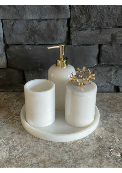 Beyaz Mermer 4'lü Banyo Takımı, Dar Alanlar İçin, Şık ve Dayanıklı Tasarım