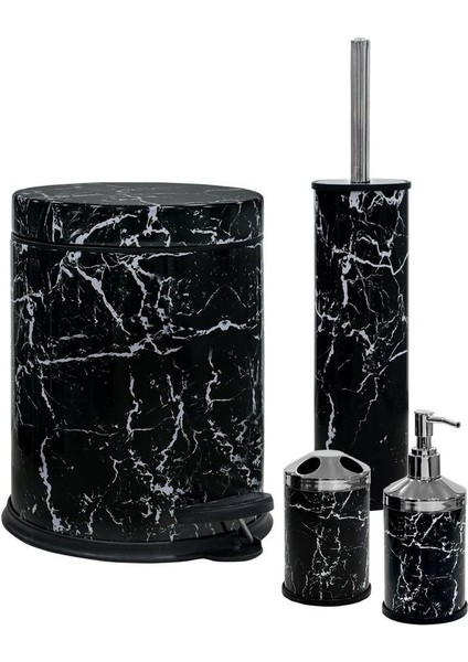 Siyah Mermer 4'lü Set: Pedallı Çöp Kovası, WC Fırçası, Sabunluk ve Diş Fırçalık