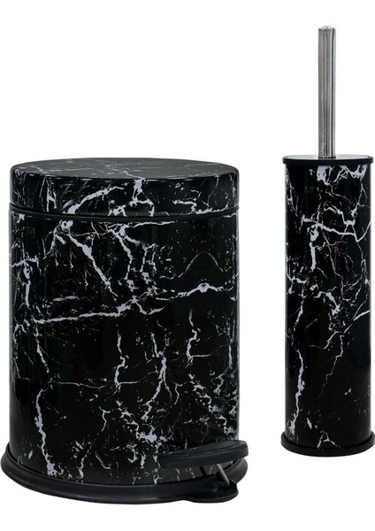 Siyah Mermer 4'lü Set: Pedallı Çöp Kovası, WC Fırçası, Sabunluk ve Diş Fırçalık fiyatları