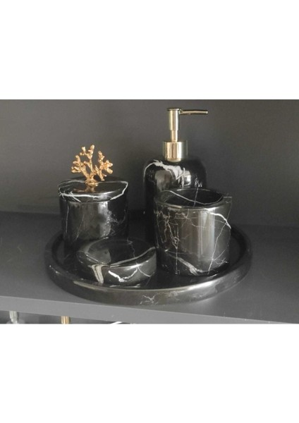 Tekno Trust Toros Siyahı Mermer 5'li Banyo Seti Gold Mercan Aksesuarlı