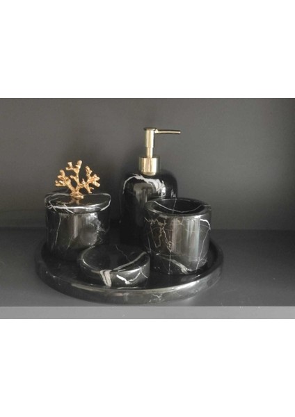 Tekno Trust Toros Siyahı Mermer 5'li Banyo Seti Gold Mercan Aksesuarlı