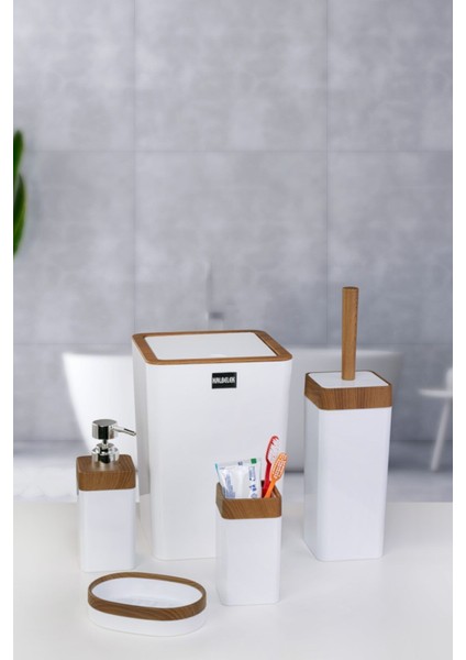Tekno Trust Akrilik 5 Parça Ahşap Desenli Banyo Seti - Beyaz