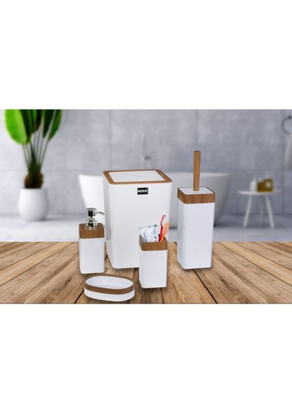 Tekno Trust Akrilik 5 Parça Ahşap Desenli Banyo Seti - Beyaz