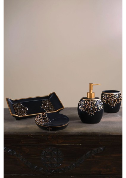 Şık 4'lü Siyah Banyo Seti, Reçine Malzeme, Modern ve Kullanışlı Tasarım