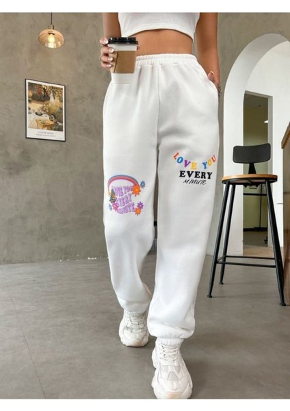 Kadın Beyaz Love Baskılı Paça Lastikli Oversize Eşofman