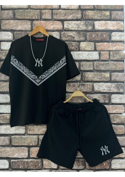 Erkek Siyah Ny Baskılı Tshirt Şort Takım