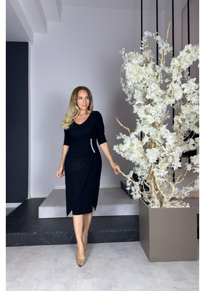 G0972 Taş Detaylı Drapeli Abiye Elbise Siyah