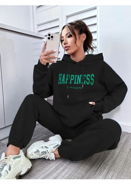 Kadın Happiness Baskılı Oversize Kapüşonlu Takım