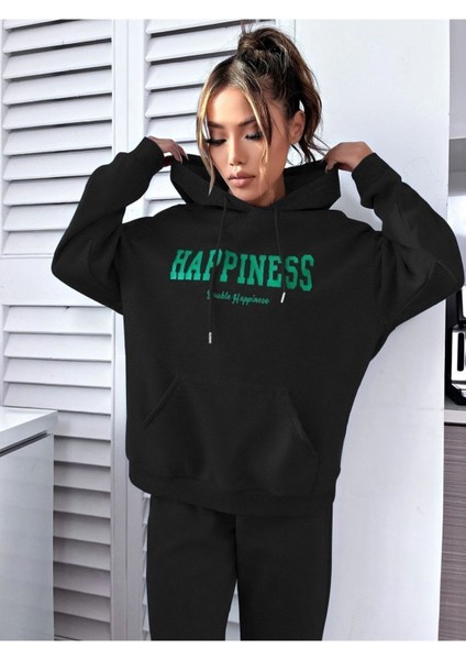 Kadın Happiness Baskılı Oversize Kapüşonlu Takım