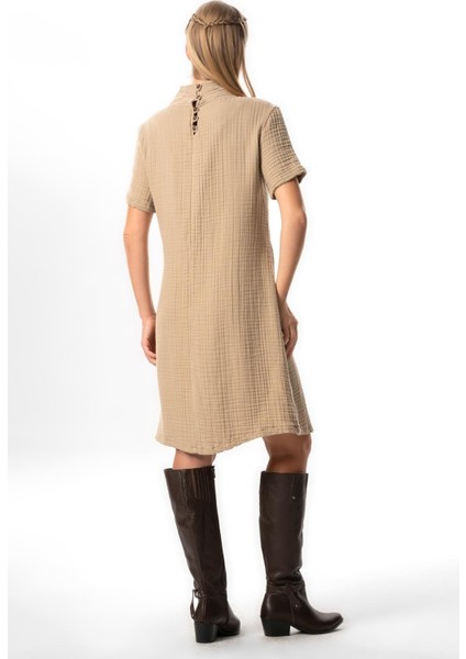 Kısa Kol Gizem Yarım Boğazlı Sonbahar ve Kışlık Lastikli Midi Boy Double Müslin Elbise Vizon Vzn fiyatları