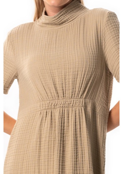 Kısa Kol Gizem Yarım Boğazlı Sonbahar ve Kışlık Lastikli Midi Boy Double Müslin Elbise Vizon Vzn modelleri