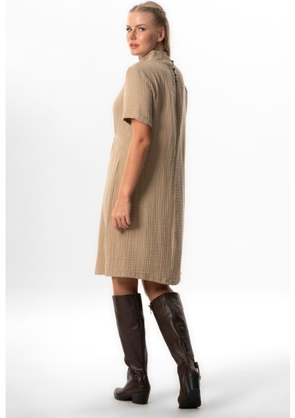 Kısa Kol Gizem Yarım Boğazlı Sonbahar ve Kışlık Lastikli Midi Boy Double Müslin Elbise Vizon Vzn fırsatları