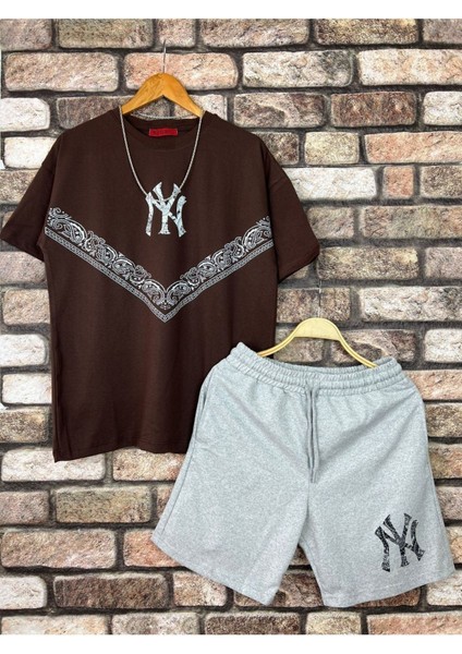 Erkek Kahverengi Ny Baskılı Tshirt Şort Takım