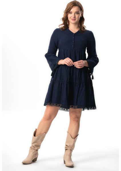 Uzun Kol Seçil Pazen Kısa Sonbahar ve Kışlık Elbise Lacivert Lcvt