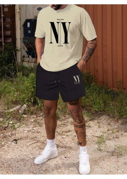 Erkek Bej New York Baskılı Şort T-Shirt Takım