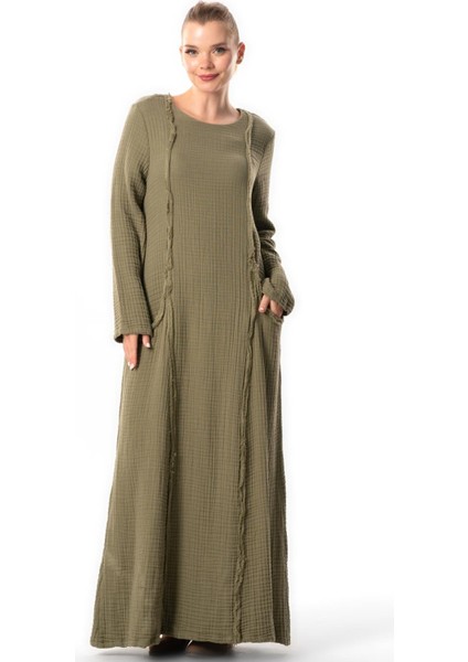 Uzun Kol Nazlı Yandan Çift Cepli Sonbahar ve Kışlık Otantik Double Müslin Uzun Elbise Haki Hk