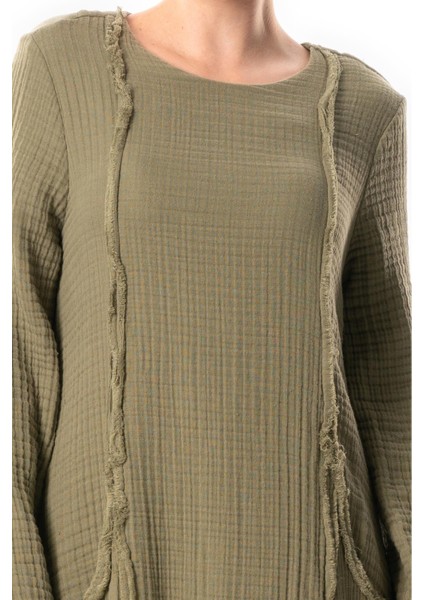 Uzun Kol Nazlı Yandan Çift Cepli Sonbahar ve Kışlık Otantik Double Müslin Uzun Elbise Haki Hk modelleri