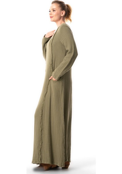Uzun Kol Nazlı Yandan Çift Cepli Sonbahar ve Kışlık Otantik Double Müslin Uzun Elbise Haki Hk fırsatları
