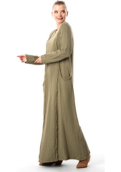 Uzun Kol Nazlı Yandan Çift Cepli Sonbahar ve Kışlık Otantik Double Müslin Uzun Elbise Haki Hk indirimleri