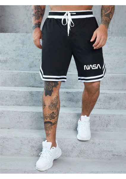 Erkek Siyah Nasa Baskılı Bel Paça Şeritli Şort