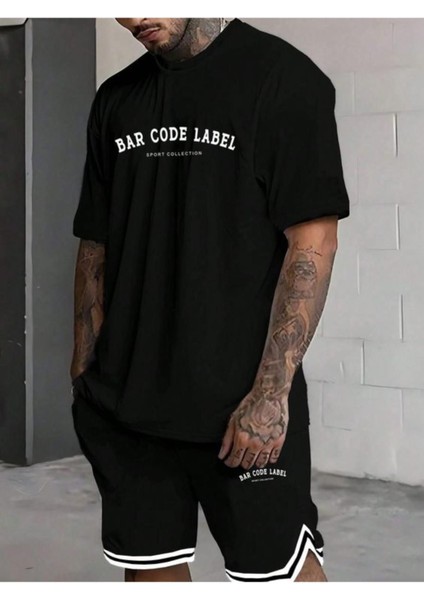 Erkek Siyah Bar Code Baskılı Şeritli Şort T-Shirt Takım