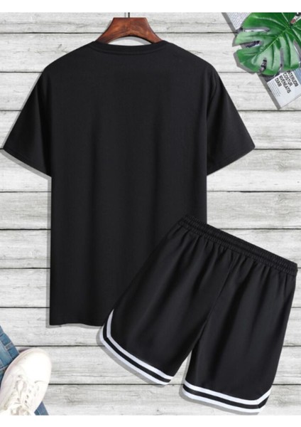 Erkek Siyah Bar Code Baskılı Şeritli Şort T-Shirt Takım